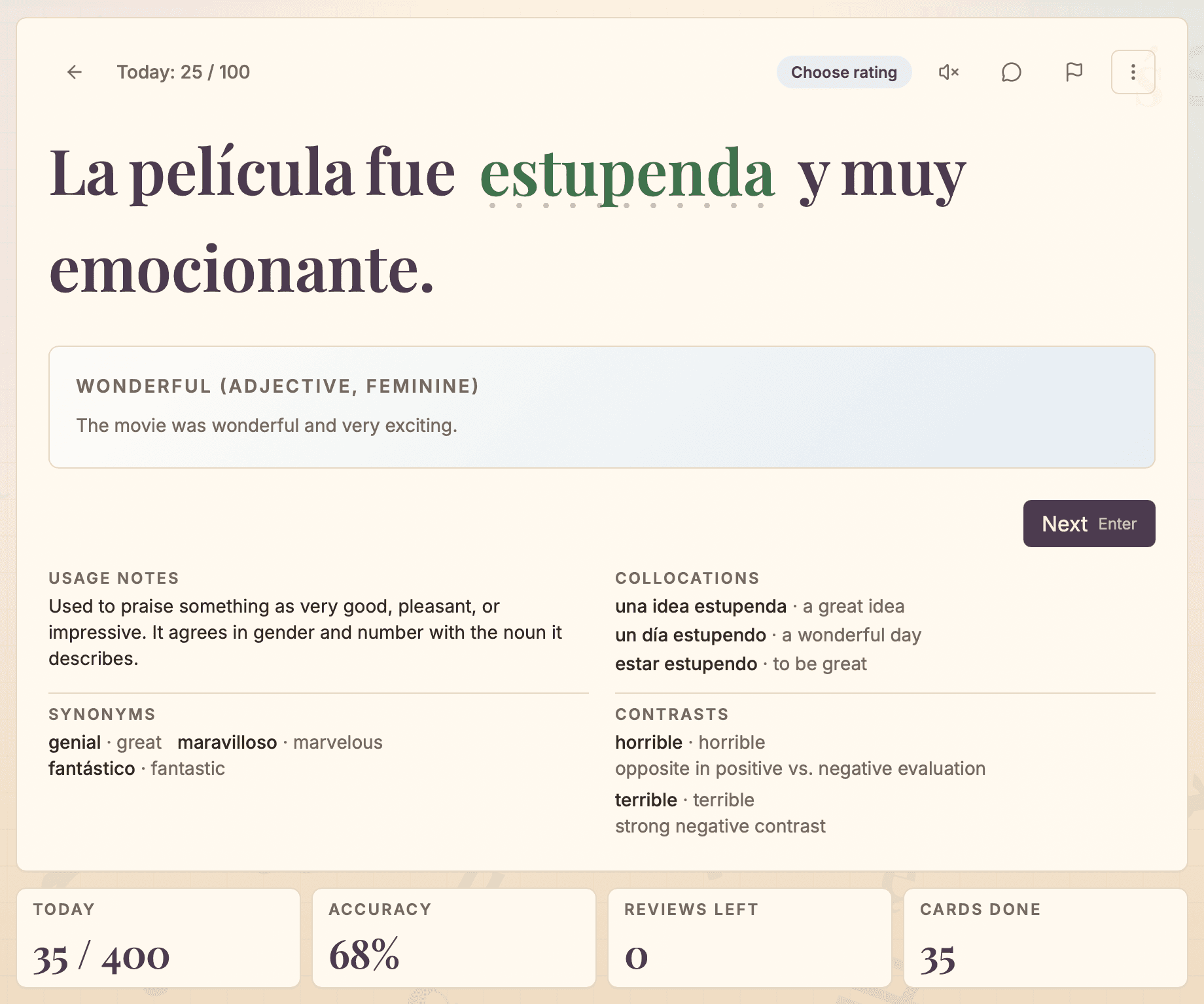 A Parolu study card with contextual vocabulary feedback in English